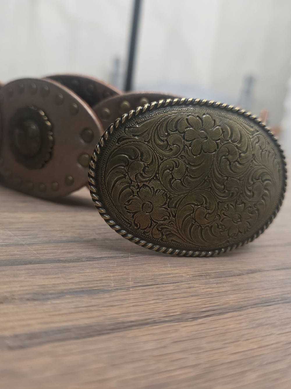 Womens Floral Engraved Oval Western Belt Buckle - Antique Bronze